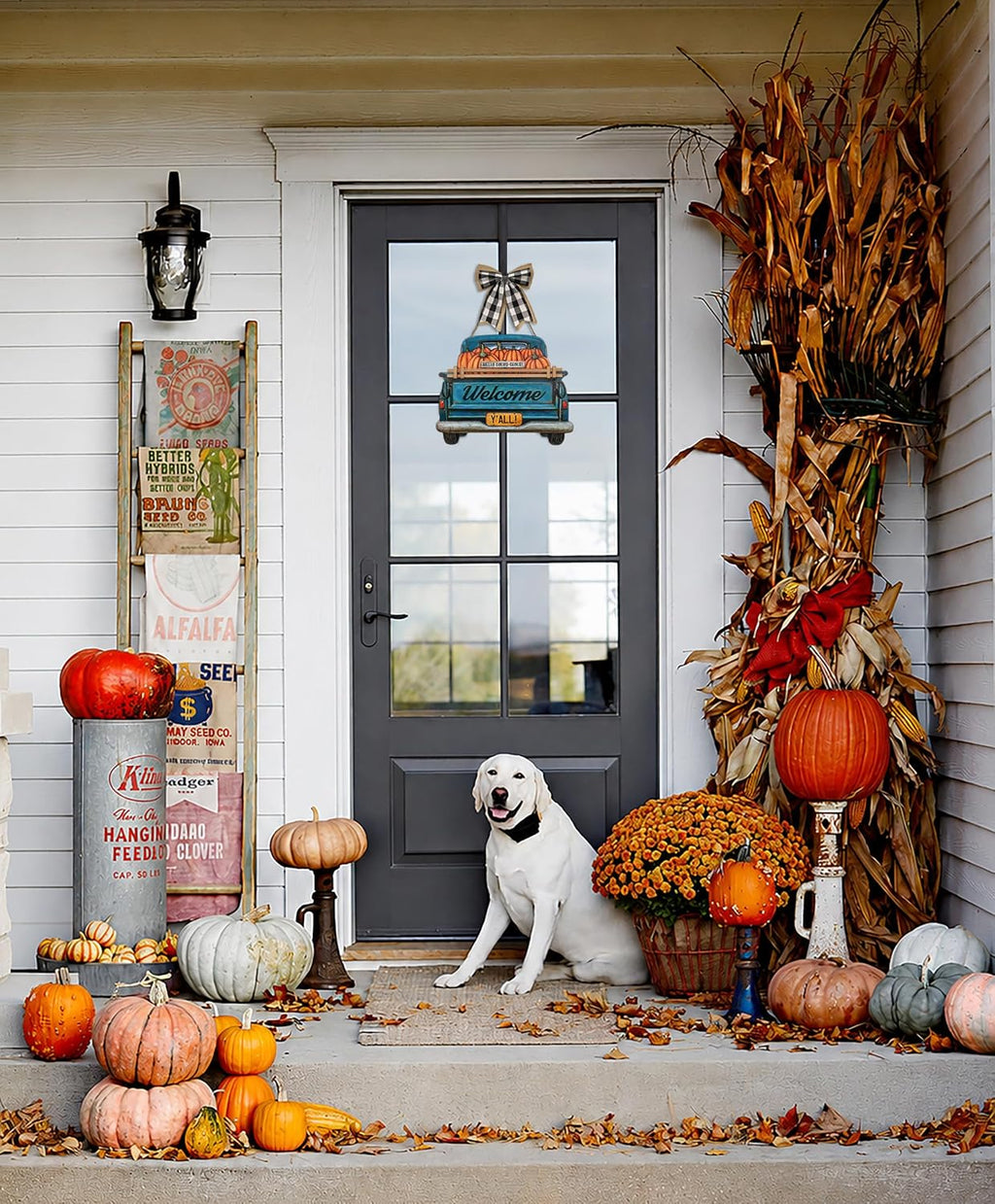 Interchangeable Welcome Sign for Front Door Blue Farmhouse Truck Decor Hanging Sign with 11 Interchangeable Seasonal and Holiday Decor Signs 12x14 in. (Blue Farmhouse Truck)