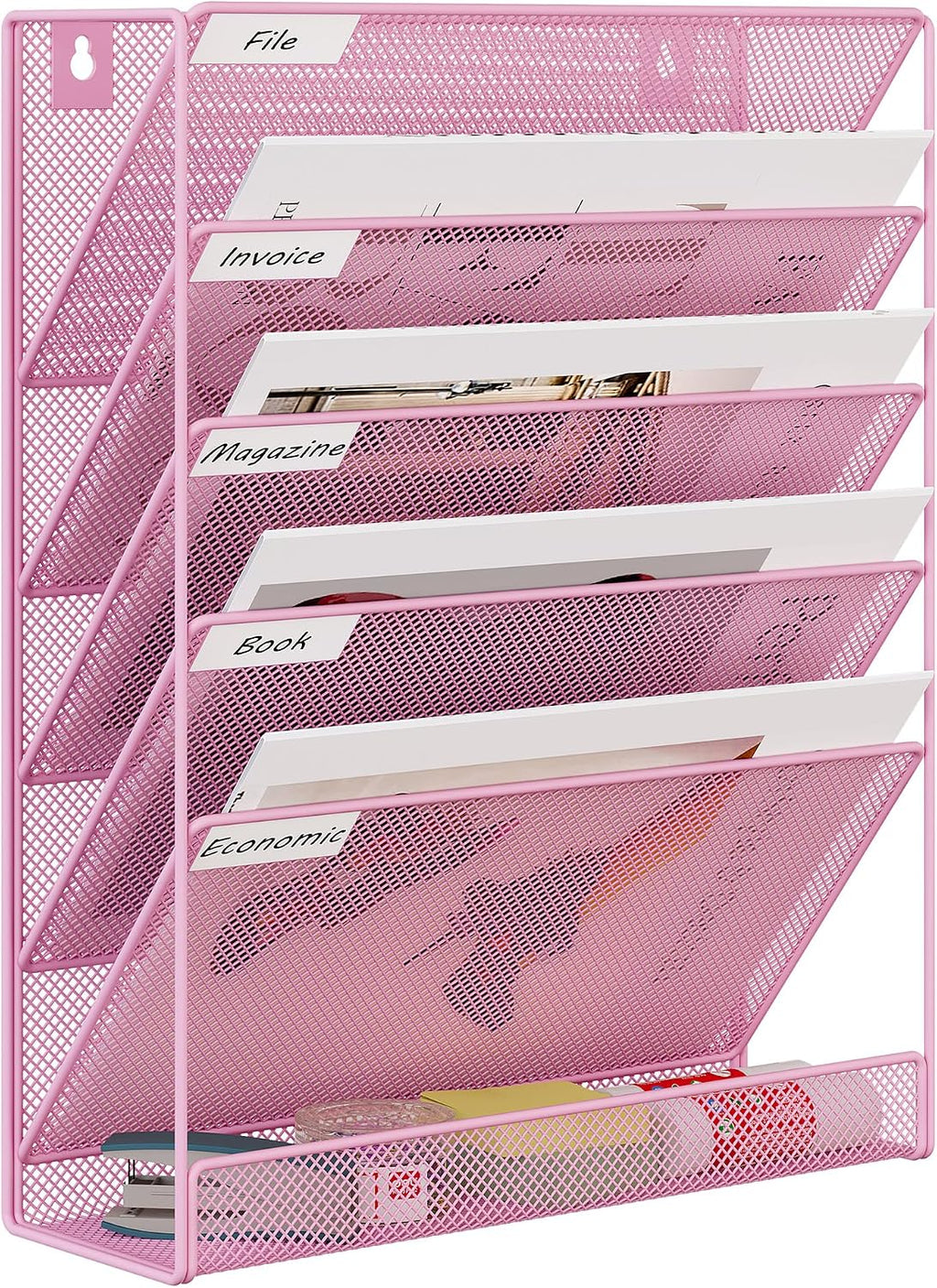 EasyPAG 5 Tier Wall File Holder, Mesh Hanging Folder Organizer with Classify Label, Versatile Desk File Holder, Vertical Wall Mounted Mail Organizer for Office Home Cubicle, Pink