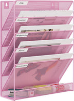 EasyPAG 5 Tier Wall File Holder, Mesh Hanging Folder Organizer with Classify Label, Versatile Desk File Holder, Vertical Wall Mounted Mail Organizer for Office Home Cubicle, Pink