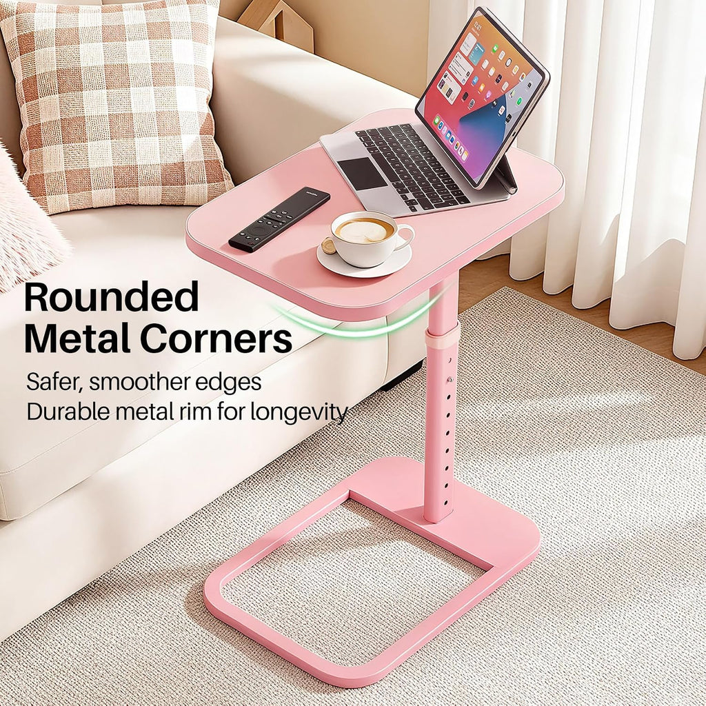 Kitstorack TV Tray Table, Adjustable Height & Rounded Metal Corners, Snack Table for Couch, Sofa, Bed, Chair, Living Room, C Shaped End Side Table for Eating, Dinner or Laptop, Small Spaces, Pink