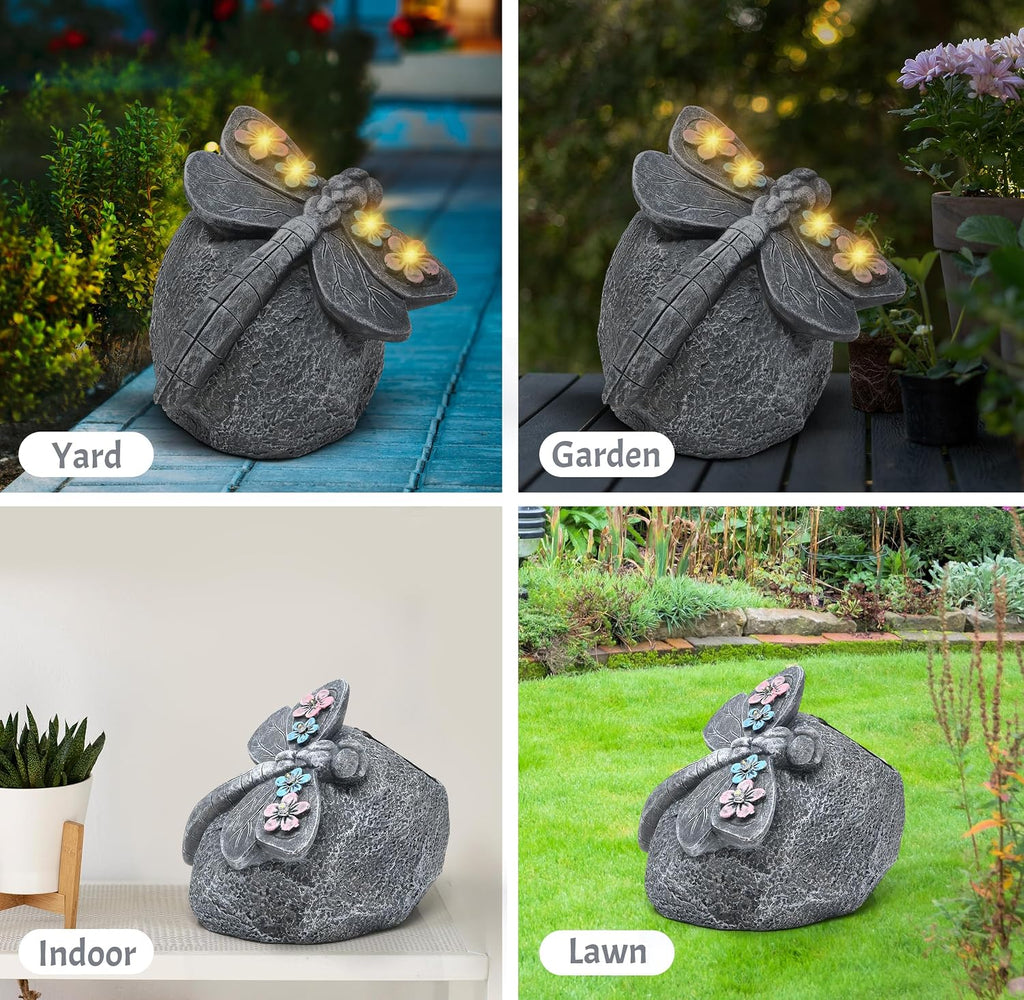Solar Dragonfly LED Garden Statue, Lighted Dragonfly Rock Figurine