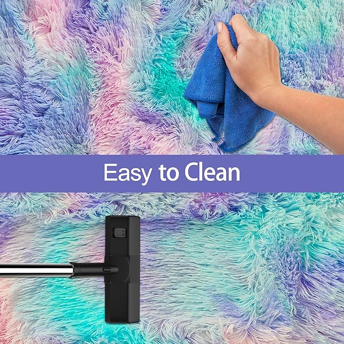 Super Soft Fluffy Living Room Area Rug 2x6 ft Purple Rainbow Tie-Dyed Shaggy - Image 7