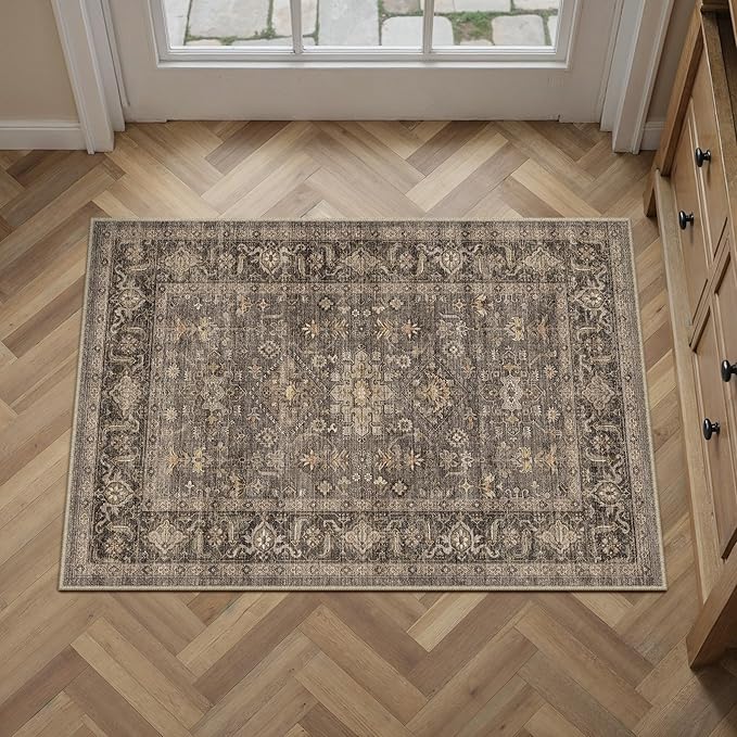 2x3 Washable Area Rug for Entryway Kitchen Vintage Brown Non Slip Low Pile Door - Image 3