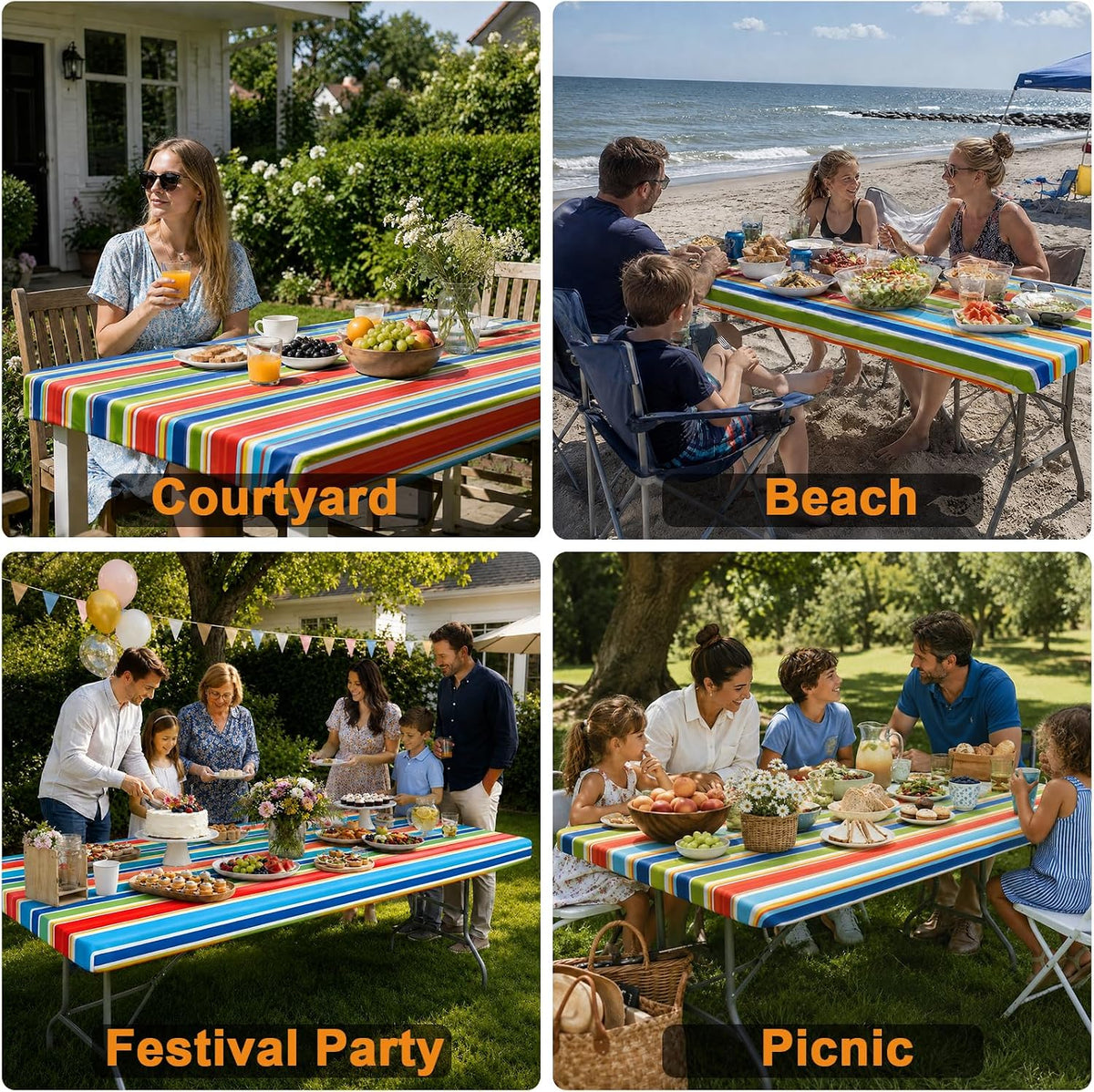 6FT Rectangle Fitted Table Cloth, Elastic Tablecloth, Stripes, 30x72"