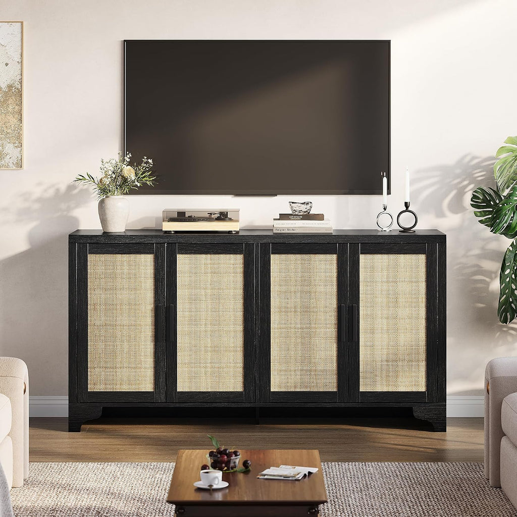 Rattan Sideboard Cabinet, 4-Door Buffet Storage for Entryway Living Room