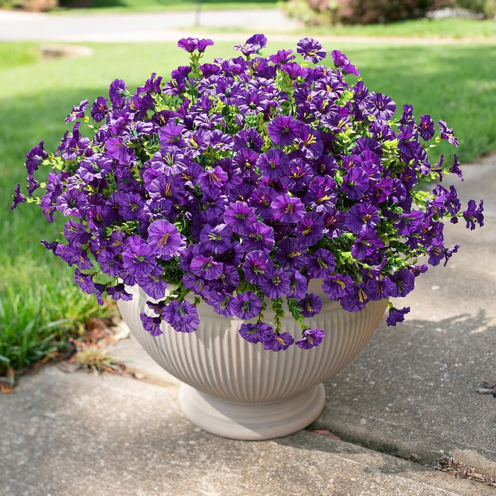 HyeFlora Artificial Flowers for Outdoors Fake Plants Outside Decoration, 12 Bundles Silk Purple Morning Glory with Eucalyptus UV Resistant Look Real Faux Flower for Planter Front Door Porch Patio Yard