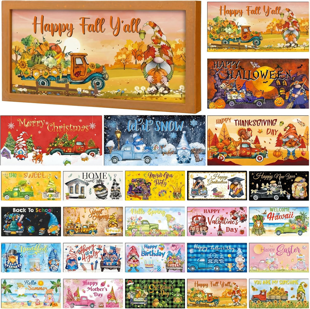 Barydat 25 Pcs Interchangeable Seasonal Wooden Signs with Frame, Retro