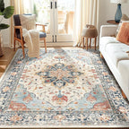 Area Rugs 5'x7' Washable Non-Slip, Floral Vintage Distress Print Pattern by RELEANY