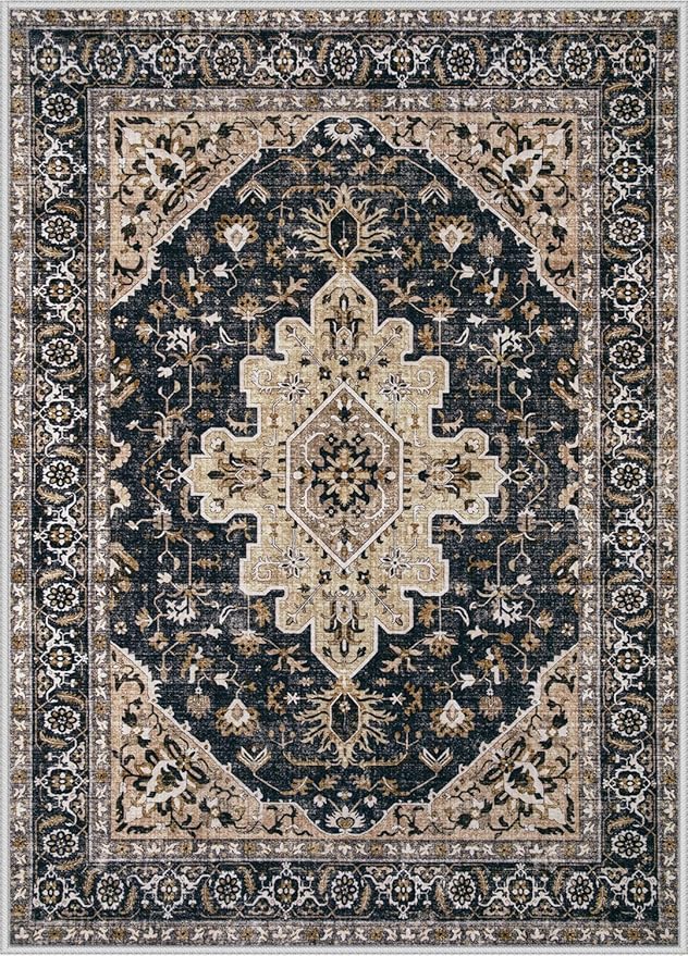 Area Rugs 9x12 Vintage Rug: Large Washable Living Room Rug Retro Medallion - Image 8