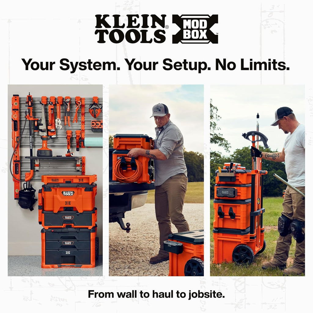 KLEIN TOOLS 54858MB MODbox Long Prong Hook 2-Pack, Modular Wall-Mounted Tool Hangers for Garage, Trailer, and Jobsite Storage, Dual-Use Mounting, Tool-Free MODbox Panel Compatibility