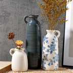 Ceramic Vase Set of 3 with Handles, Blue White Neutral Rustic Modern Farmhouse Boho Decor, Versatile as Table Centerpiece or Mantel & Shelf Accent - Unique Home Gift Idea