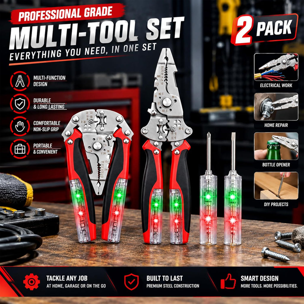 16-in-1 Foldable Wire Stripper, Electrical Multitool with 12-250V Voltage Tester, Crimper, Screw Cutter & Non-Slip Grip, Stainless Steel Voltage Test Pliers for Home Wiring, DIY & Repairs