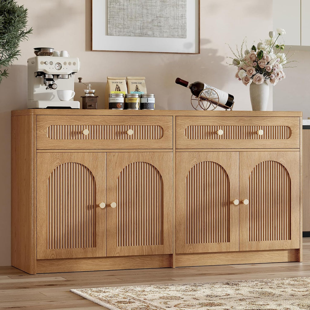 59" W Arched and Fluted Sideboard Buffet Cabinet with Storage, Oak