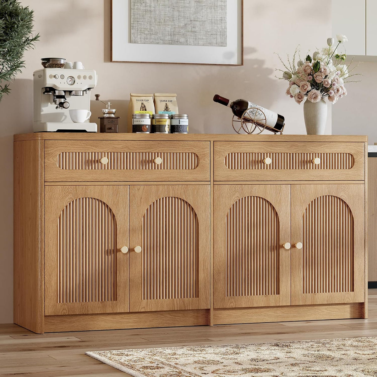 59" W Arched and Fluted Sideboard Buffet Cabinet with Storage, Oak