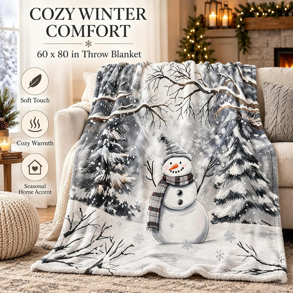 Snowman Winter Throw Blanket 60x80in, Cozy Soft Plush Christmas