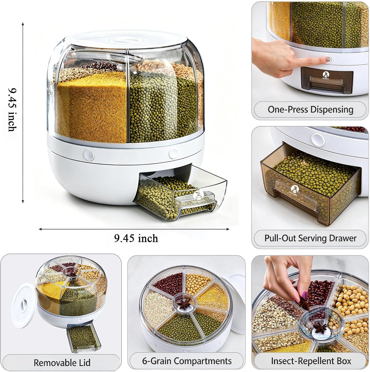 Rotating Grain Storage Bin 6 Grids Rice Container One-Click Output Large Capacity Food Dispenser For Rice Grains Sealed Moisture Proof Organizer (Grey) (Small)