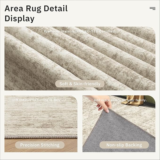 5x7 Area Rugs Beige Low Pile Indoor Washable Trendy Faded Style Rugs - Image 6