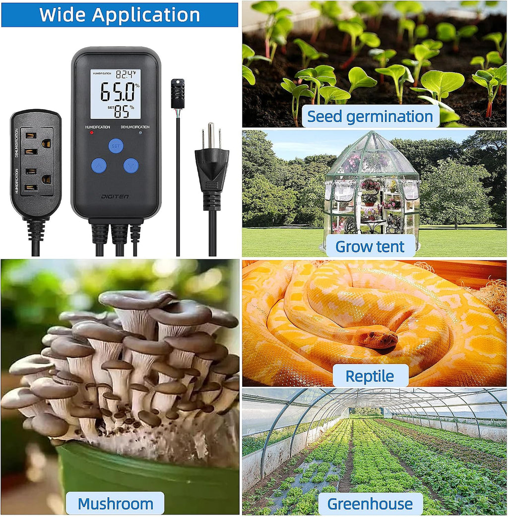 Digital Humidity Controller, Pre-Wired Humidity Controlled Dual Stage Outlets for Mushroom Growing, Reptile, Grow Tent, Humidifier/Dehumidifier