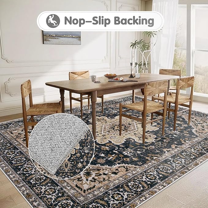 Area Rugs 6x9 Vintage Rug: Washable Living Room Rug Retro Medallion Distressed - Image 5