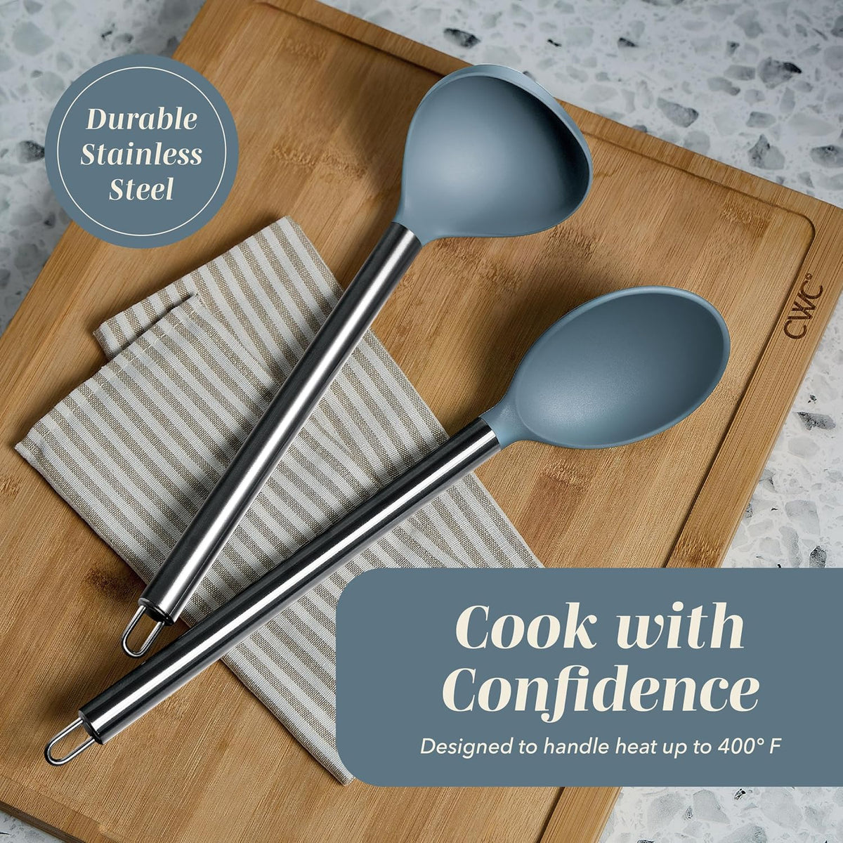 COOK WITH COLOR Silicone Cooking Utensils, Kitchen Utensil Set, Easy to Clean Silicone Kitchen Utensils, Cooking Utensils for Nonstick Cookware, Kitchen Gadgets Set, 10 Pieces, Blue and White