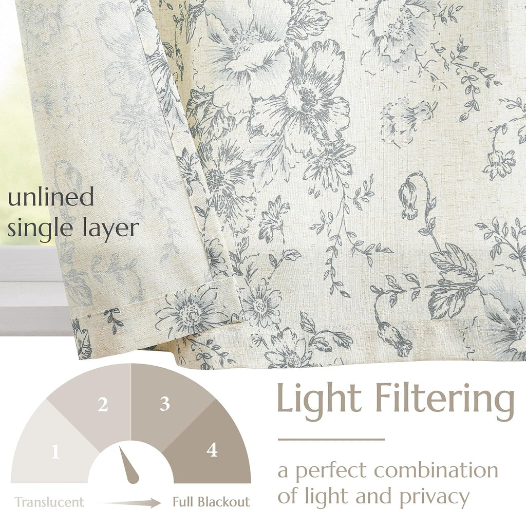 JINCHAN Tie Up Valance Curtain Floral for Windows 45 Inch 1 Panel Grey