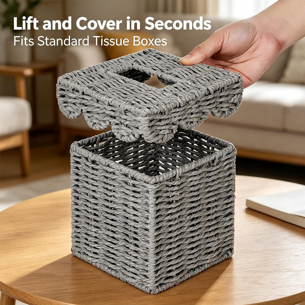 CubesLand Square Wicker Tissue Box Cover W/Scalloped Lid for Home Decor
