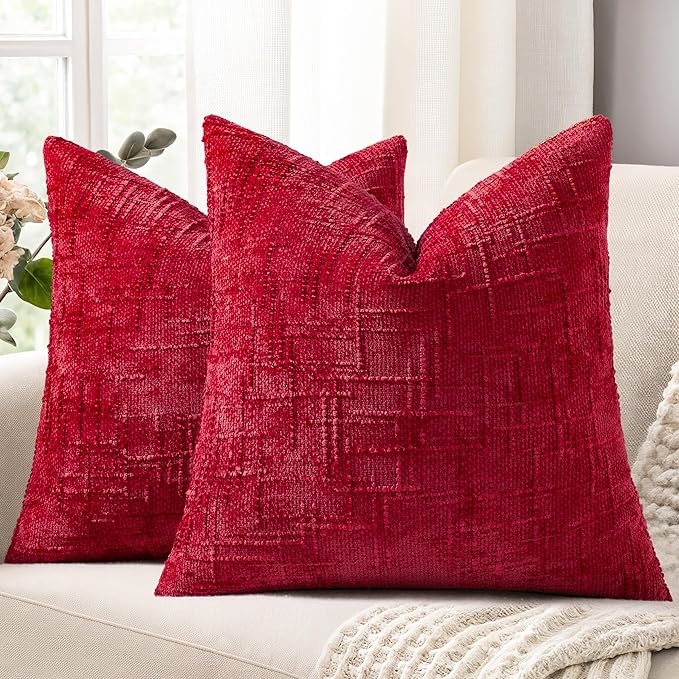 decorUhome Red Chenille Throw Pillow Covers 18x18 Set of 2 Textured Soft Cozy by decorUhome