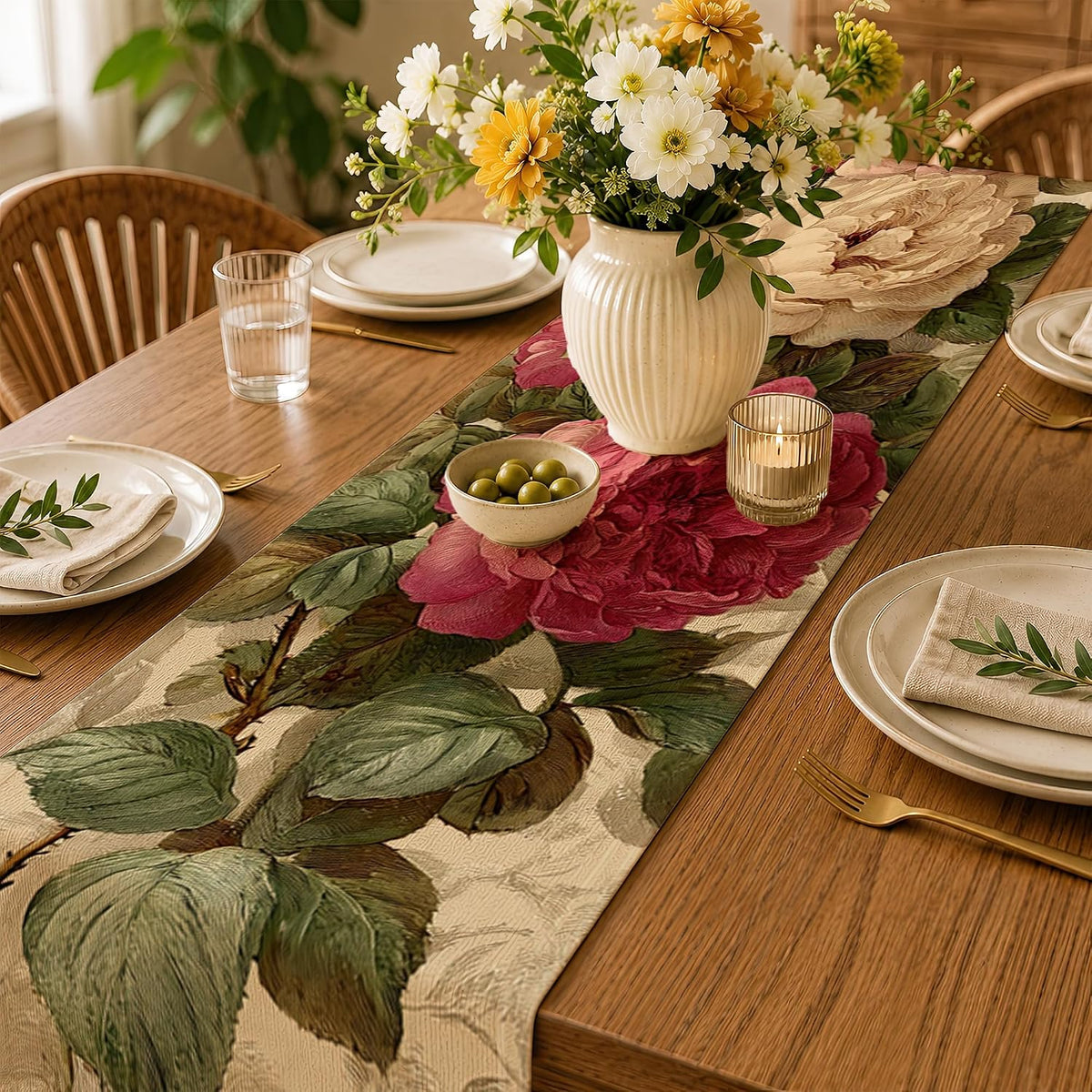Vintage Peony Flower Table Runner,13 x 70 Inch Linen Kitchen Dining Table Runner for Coffee Table Dresser Wedding Home Party Decor