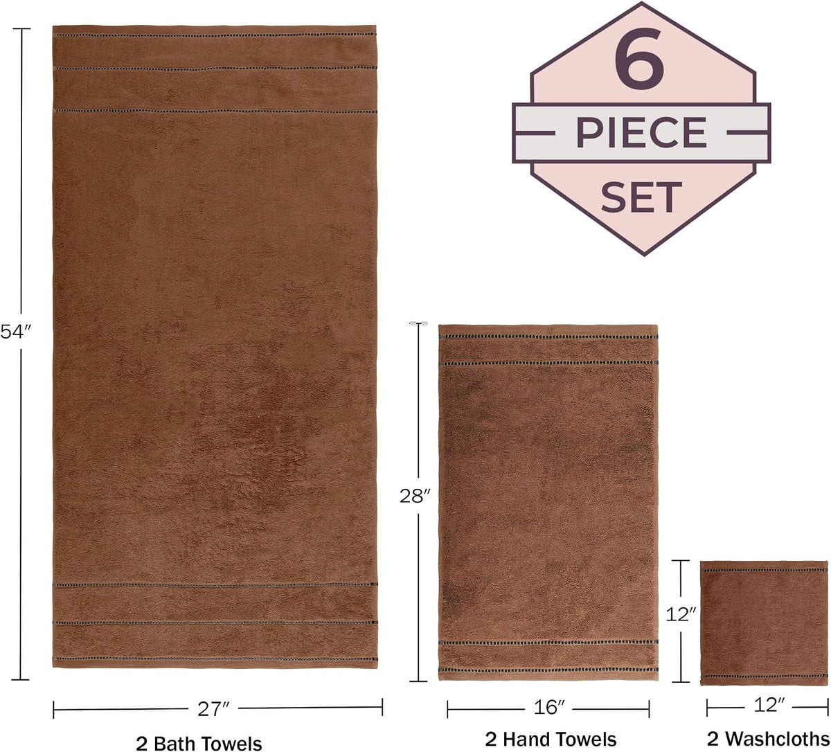 Bedford Home Bathroom Towels Set, Chocolate Brown, Set of 6