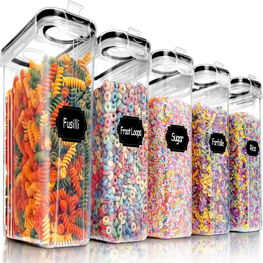 PRAKI Large Dry Food Storage Containers with Lids, 6PCS Airtight Cereal Containers Storage Set, Leak-proof Canister Set for Kitchen Pantry Organization with 20 Labels & Marker (4L Black)