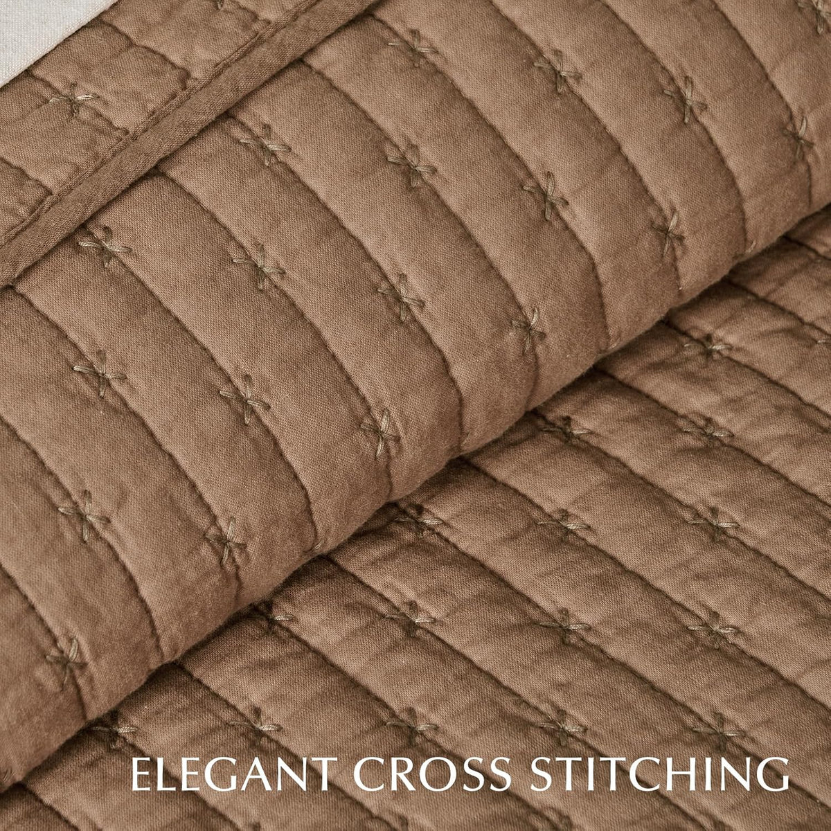 EVERGRACE 100% Cotton Cross Stitch 3-Piece Quilt Set, King, Camel Brown