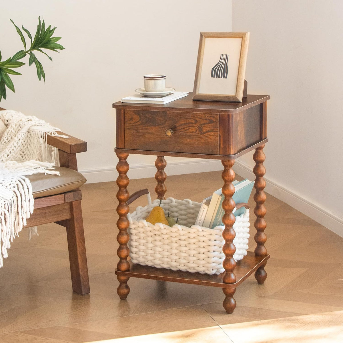 AWASEN Nightstand, Mid Century Modern Night Stand with Drawer for Living Room, Modern Bedside End Table with Spindle Wood Legs for Bedroom, Office, Rustic Brown