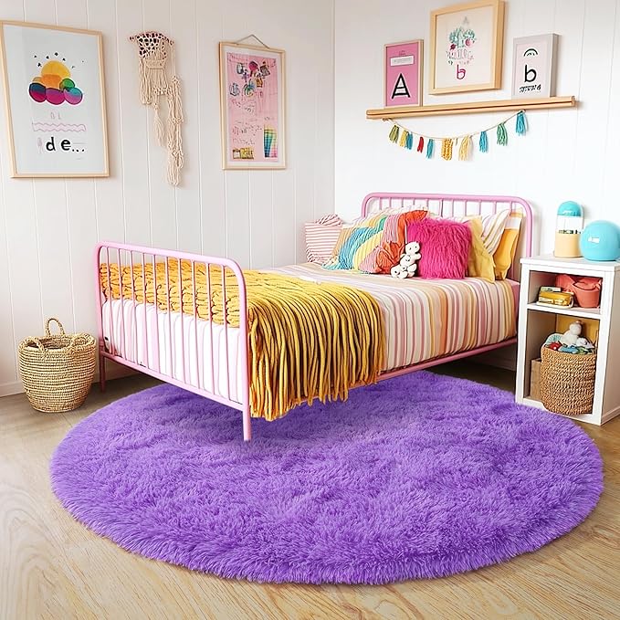 3'x3' Purple Round Rug for Bedroom, Ultra Soft Fluffy Circle Rug for Kids Girls - Image 6