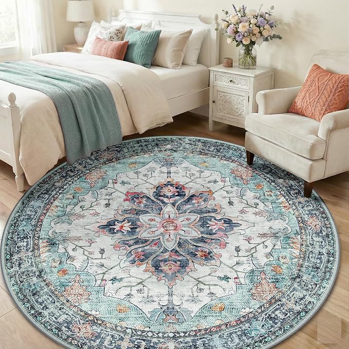 Area Rugs 6ft Washable Non-Slip, Floral Vintage Distress Print Pattern - Image 3