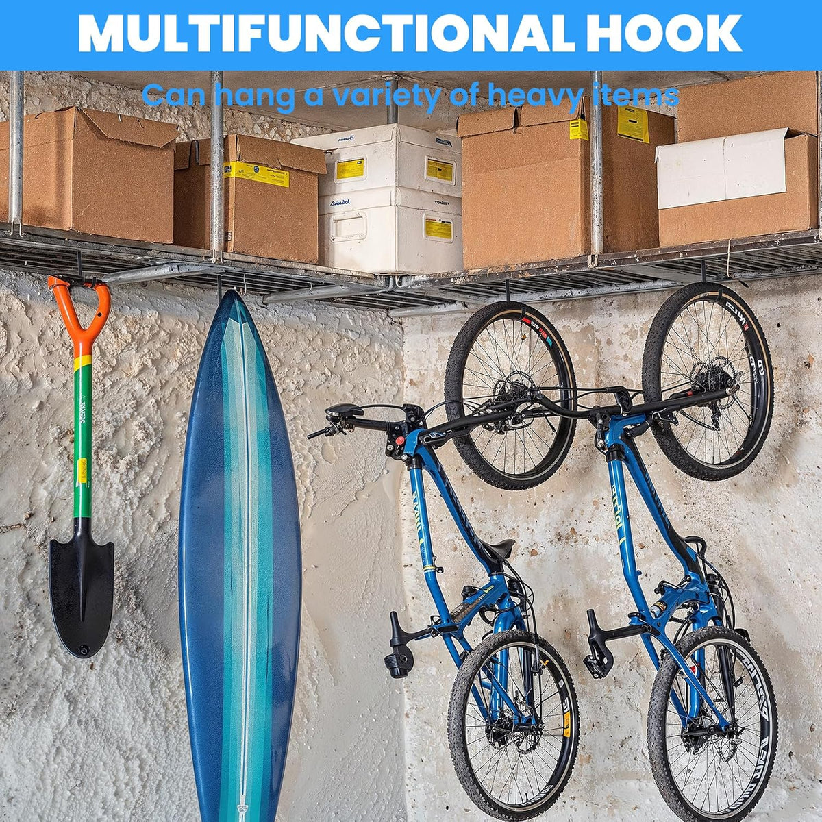 6 Pack Heavy Duty Bike Hooks for Garage Ceiling, Garage Ceiling Hooks with Screws, 70 lbs Capacity Each, Strong Iron Construction for Overhead Organization