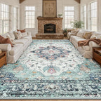 Area Rugs 10'x12' Washable Non-Slip, Floral Vintage Distress Print Pattern by RELEANY