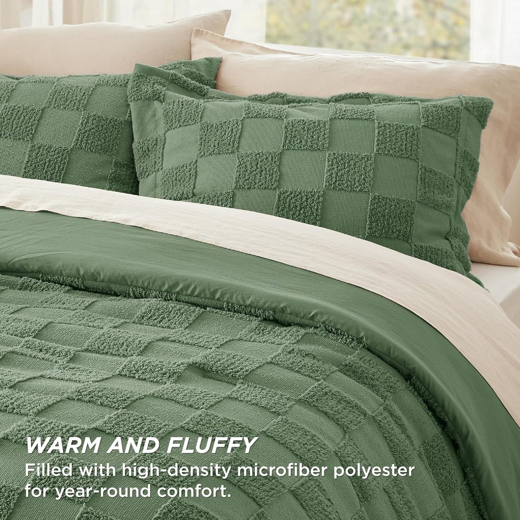 Bedsure Green Plaid Comforters Queen Set, Vintage Boho Bedding Set 3 Pcs