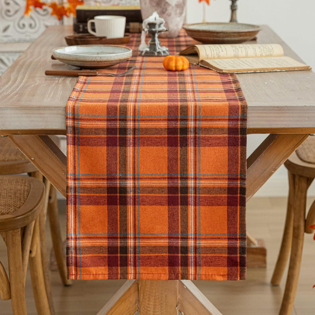 AQOTHES Plaid Fall Thanksgiving Rust Orange Table Runners 90 inches Long