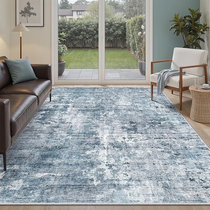 Abstract Rug 5x7 Machine Washable Area Indoor Blue Low Pile Non-Slip Foldable by Soalmost