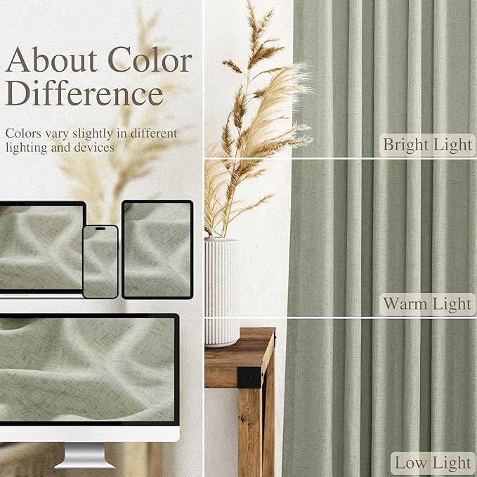 Sage Green Boho Curtains for Bedroom Back Tab Rod Pocket Semi Sheer Linen - Image 4