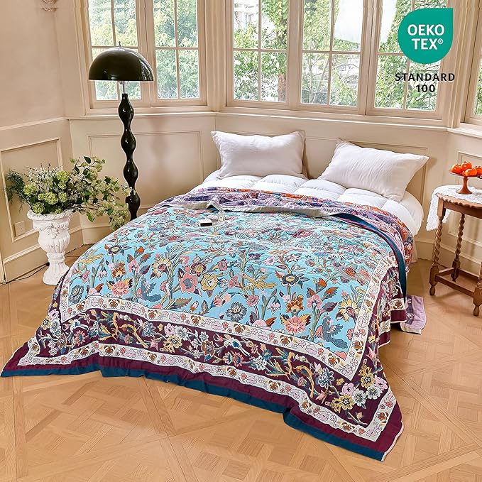 MSGKV Boho Throw Blanket for Bed 60"x80" 100% Cotton Couch Twin Size Floral - Image 6