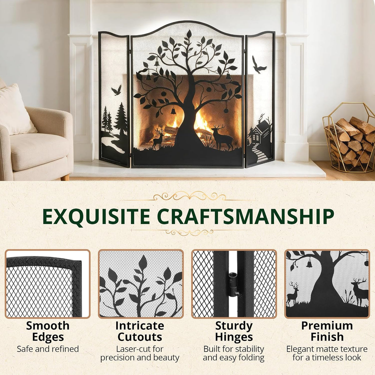 50" x 36" 3-Panel Fireplace Screen, Tree Pattern Fire Guard, Rustic
