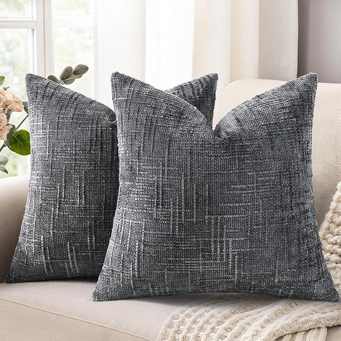 decorUhome Dark Grey Chenille Throw Pillow Covers 18x18 Set of 2 Textured Soft by decorUhome