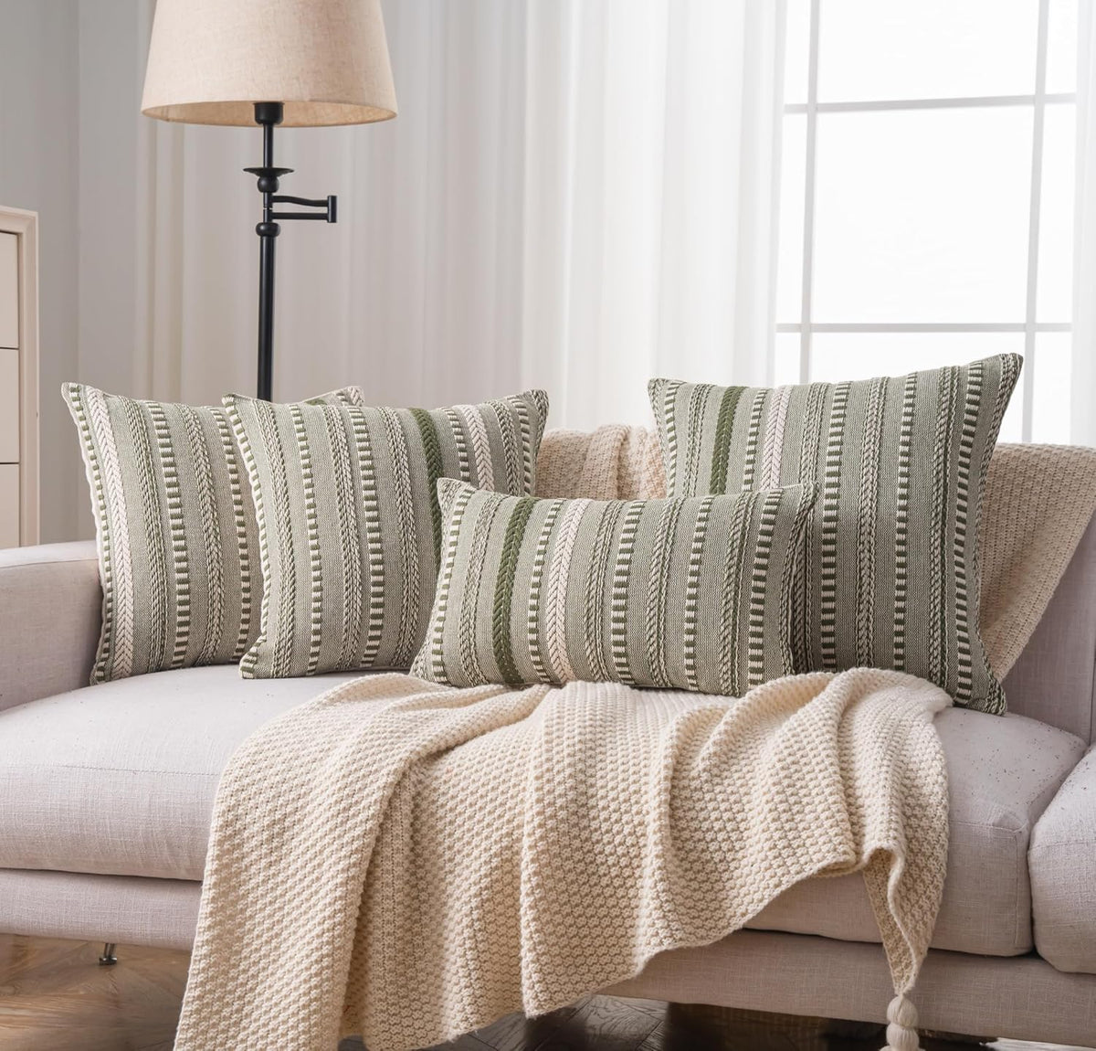 Cethom Boho Throw Pillow Covers 18x18 Inch Set of 2, Farmhouse Decorative Couch Pillow Cases, Green Accent Pillows of Bed, Sofa Bedroom Living Room Home Decor Cushion Cover
