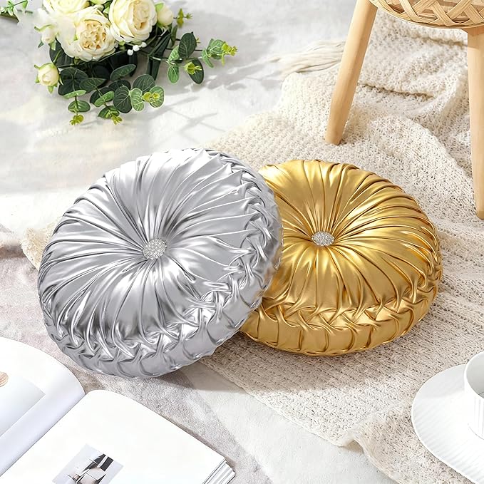HIG Set of 2 Handcrafted Gold Ruched Round Throw Pillows – 14.5’’ Metallic - Image 8