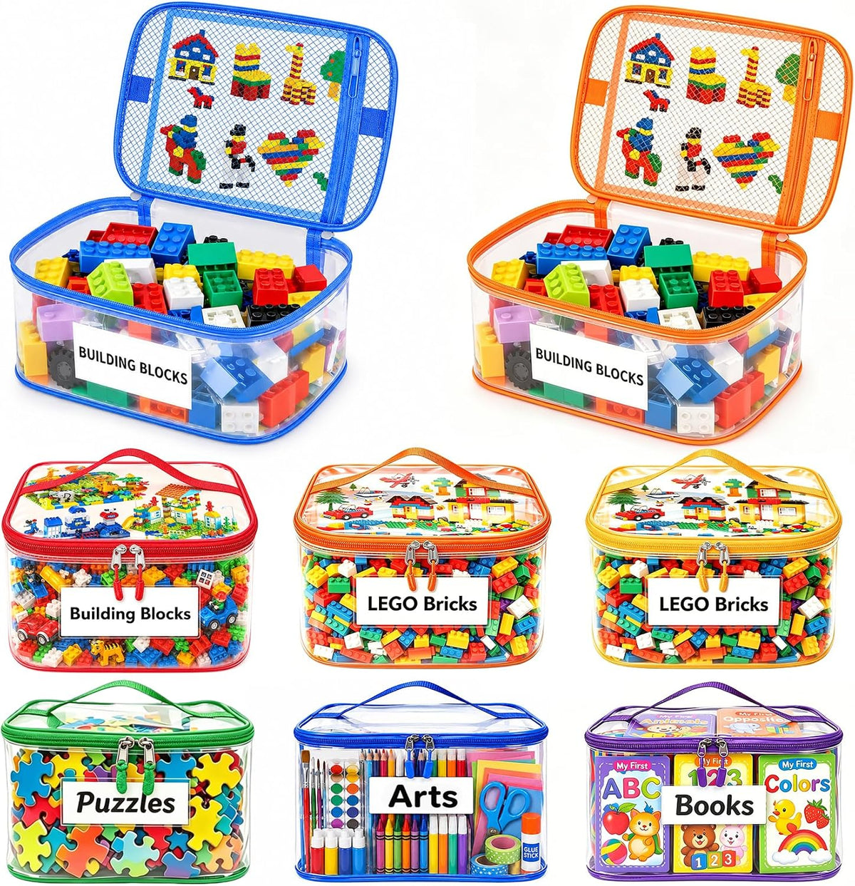 6 Pack Large Clear Toy Storage Bag with Name Tag, Waterproof PVC Toy Organizer Bags with Zipper & Manual Pocket, Toy Storage Organizer for Lego Bricks, Building Blocks, Board Games, Kid Book (6 Color)