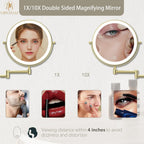 8" Wall Mounted Lighted Makeup Mirror, 1X/10X, Gold