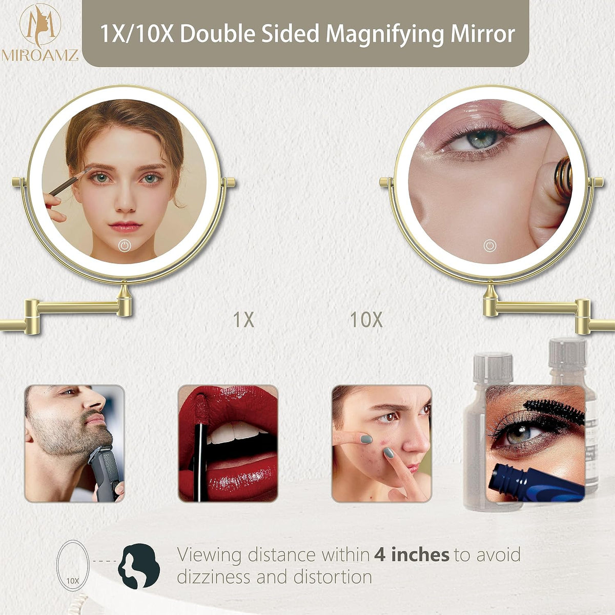 8" Wall Mounted Lighted Makeup Mirror, 1X/10X, Gold