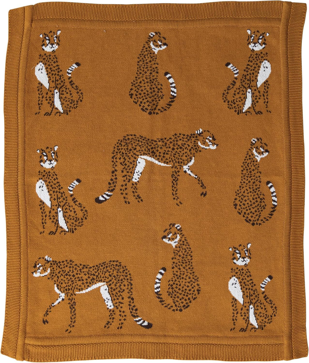 Creative Co-Op Soft Cotton Knit Baby Blanket with Decorative Cheetahs, Mustard Color