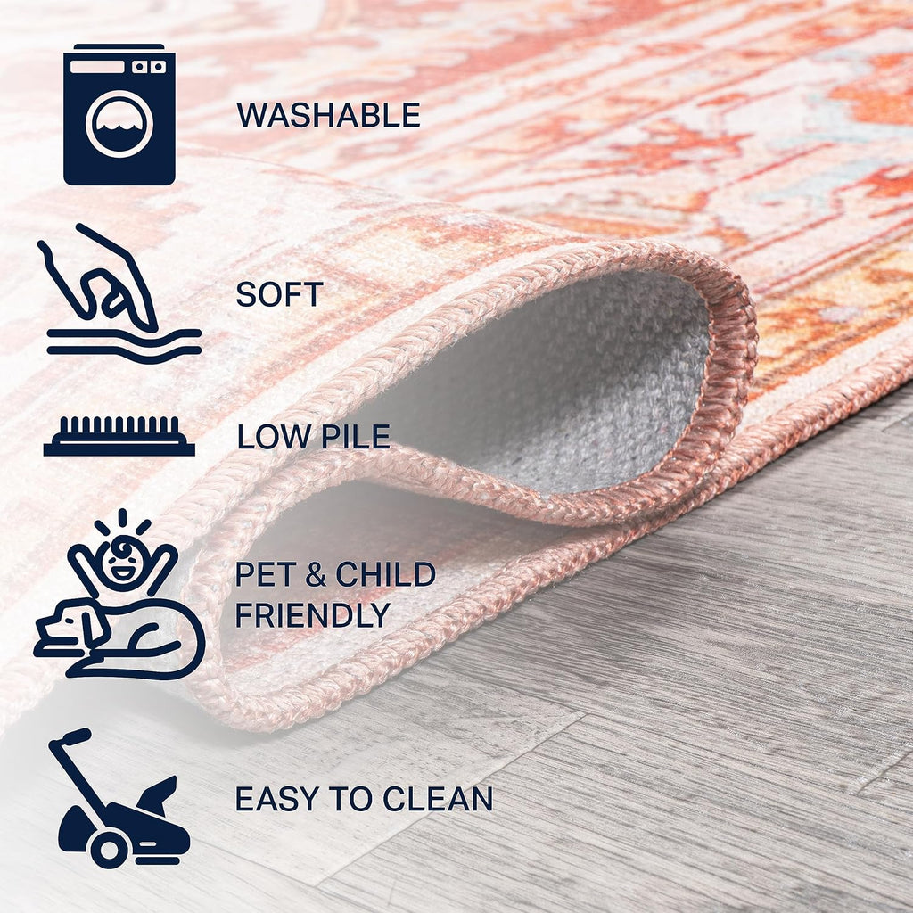 JONATHAN Y Machine Washable Orange/Cream Indoor Area Rug 4X6 ft, ASA Ornate Medallion for Living Room, Bedroom, Kitchen, Office, Easy-Cleaning, High Traffic, Pet-Friendly, Non-Shedding (WSH108A-4)